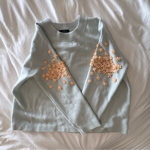 W’s J Crew- S Light Blue Sweater with  Cherry Blossom 🌸 Embellishments